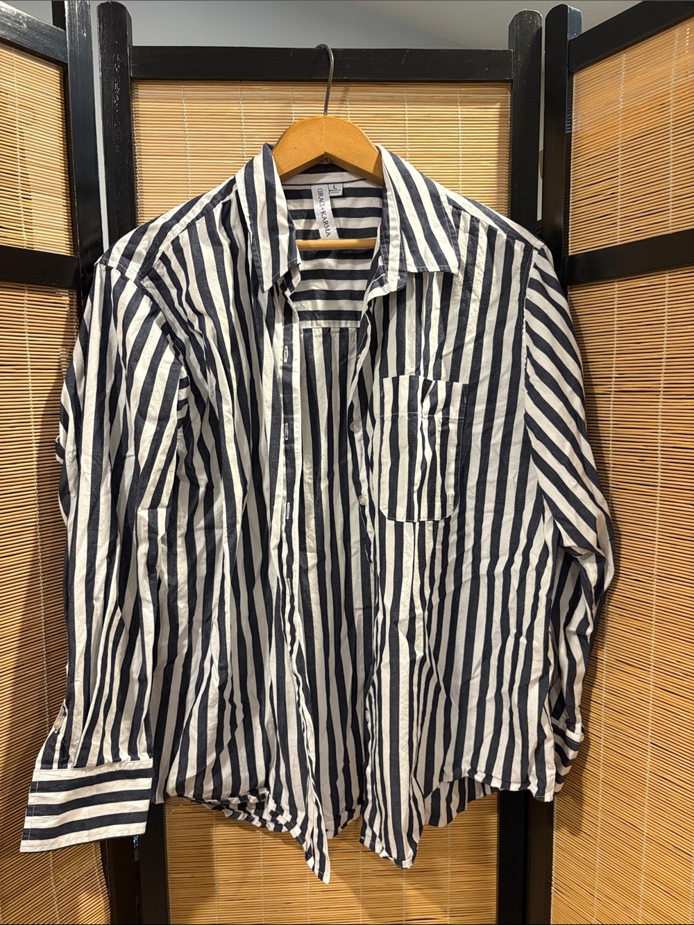 Navy and White Vertical Stripe Button-Up Shirt